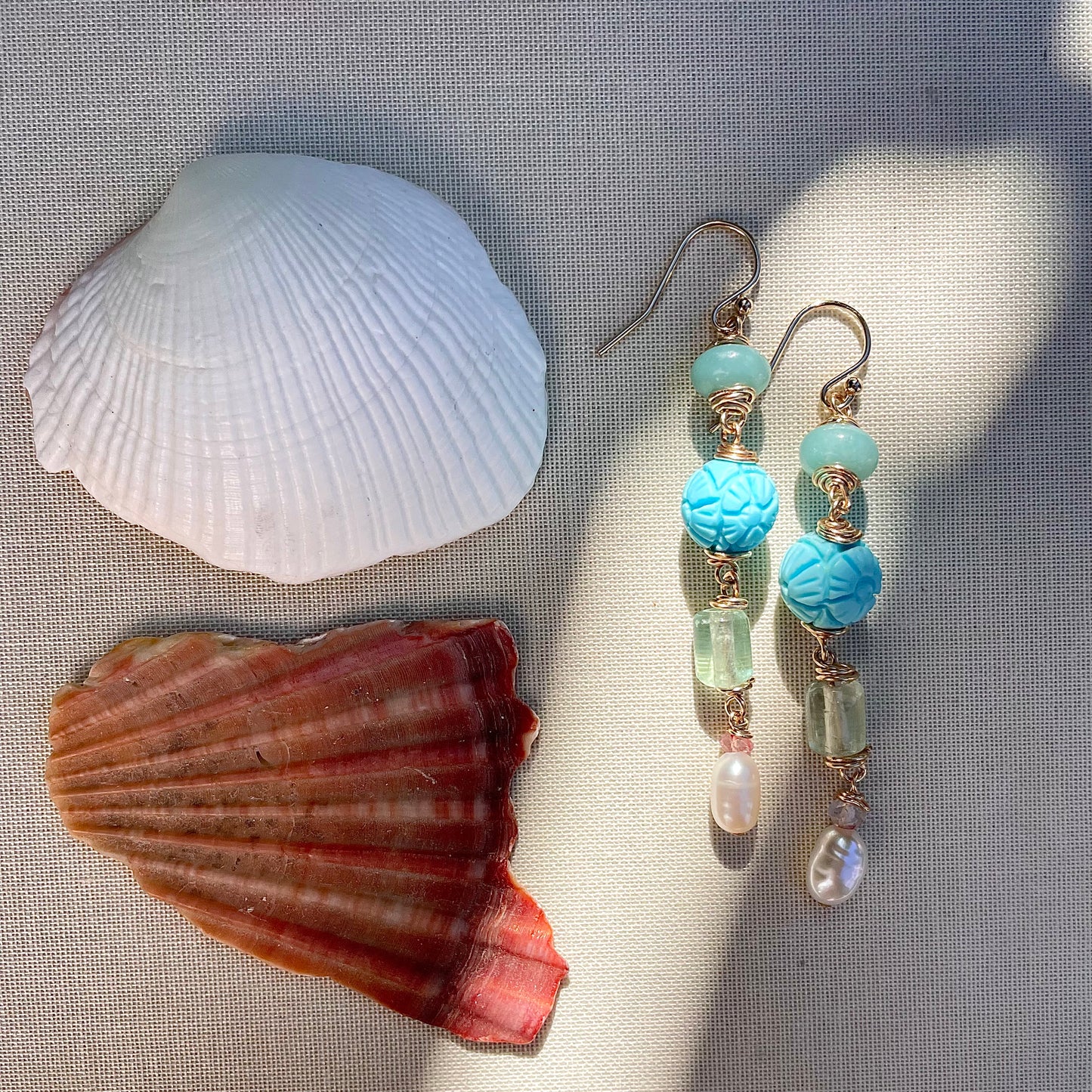 Coastal Collection • Shoulder Dusters • Aquamarine + Pearl + Pink Topaz + Carved Howlite + Chalcedony Drops.