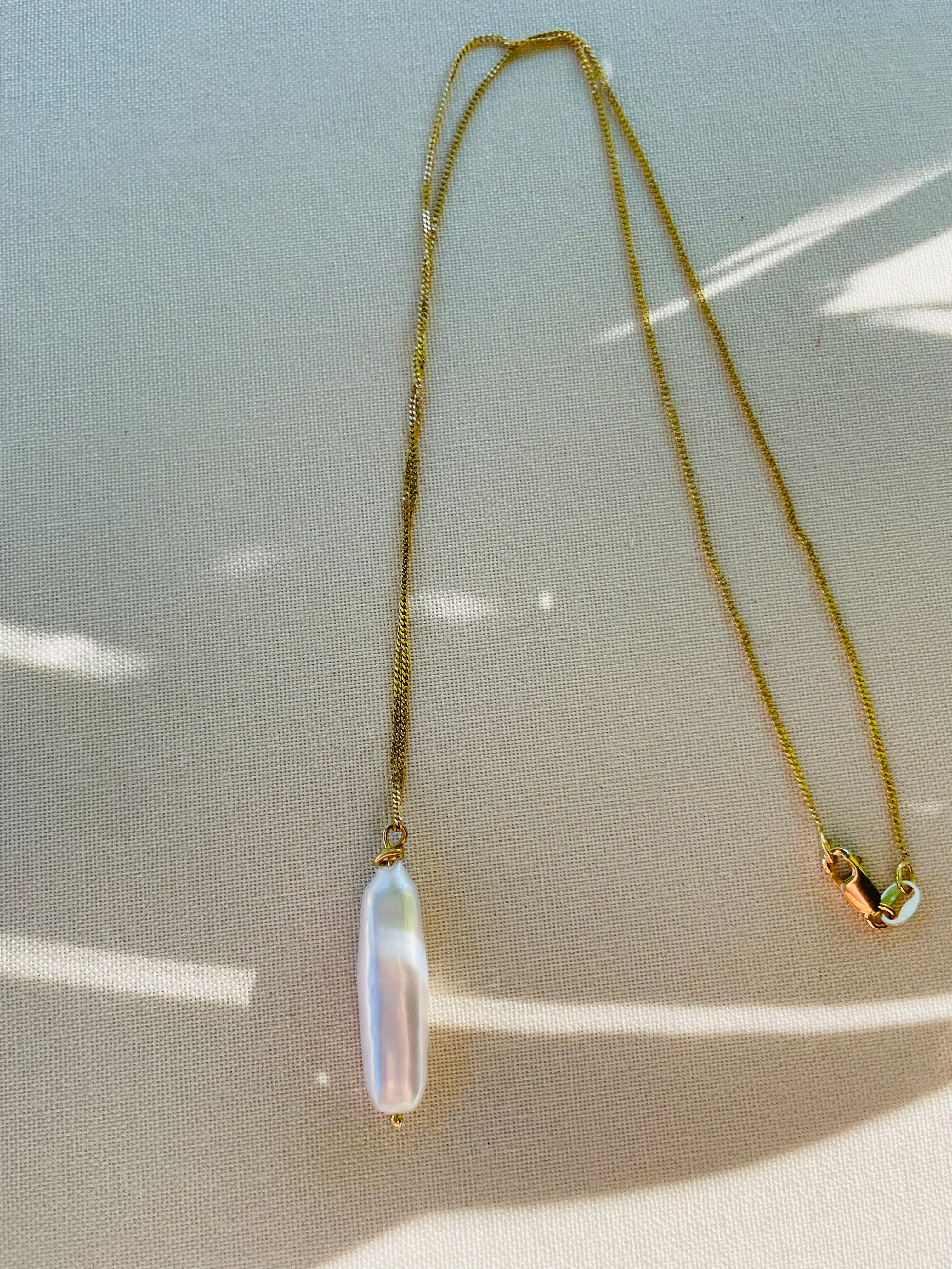 Coastal Collection + Solitaire Japanese Biwa Pearl pendant + vermeil chain