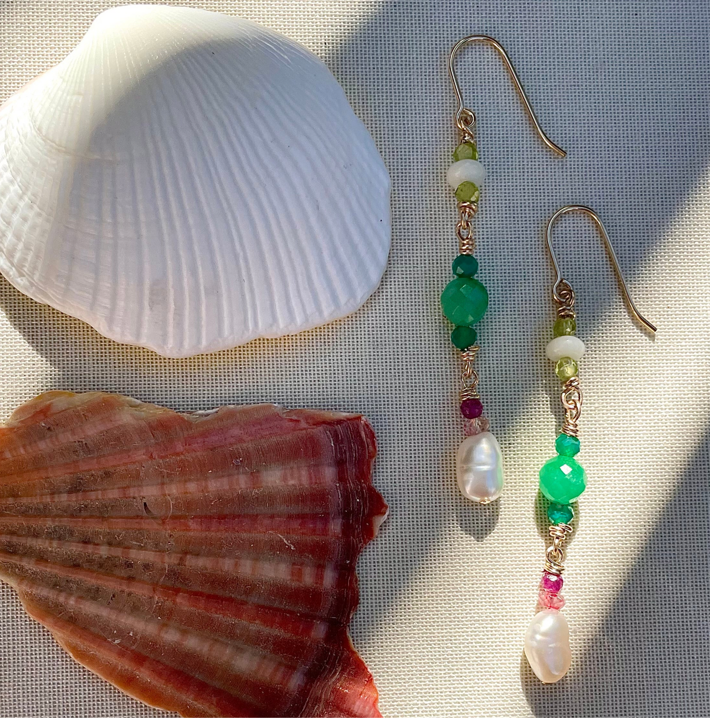 Coastal Collection • Shoulder Dusters • Ruby + Jade + Peridot + Pearl + Pink Topaz + Coral + Agate Drops.