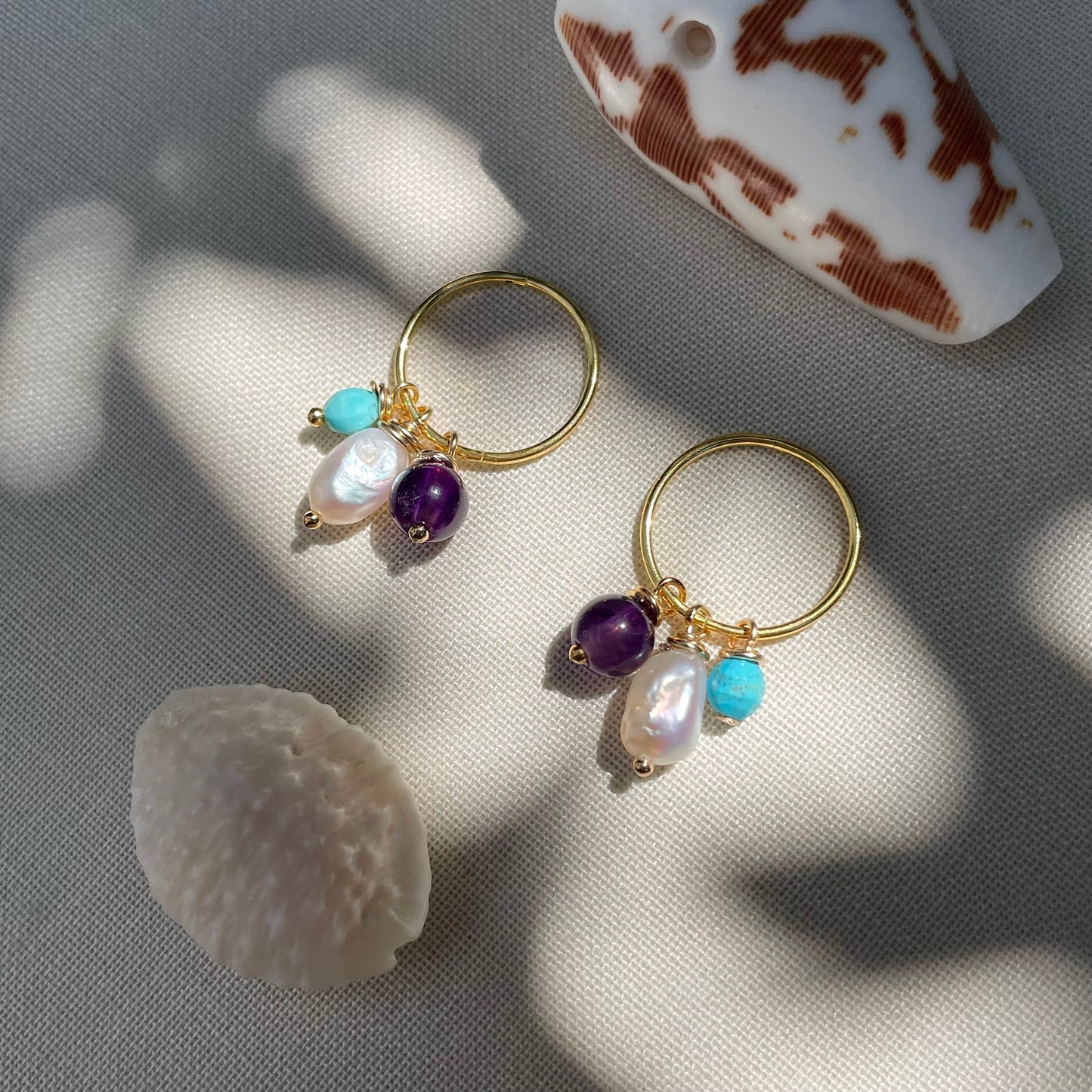 Charm Collection • Amethyst, Turquoise, Baroque Pearl Tassel Charms + Vermeil hoops.