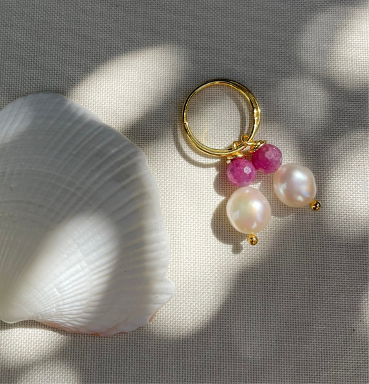 Dahlia Collection • Ruby + Baroque Pearl Charms + Vermeil Hoops.