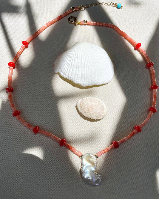 Coastal Collection •  Coral & Keshi Fuchsia Necklace