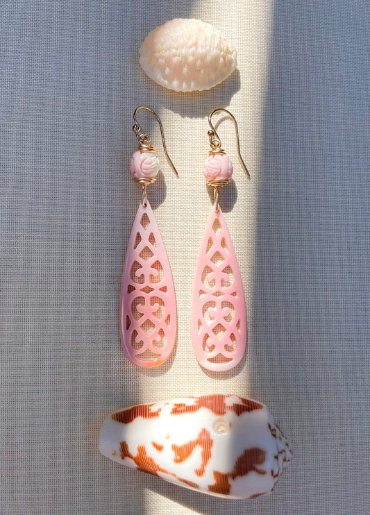 Coastal Collection • Rose Pink Carved Filigree Shell Drops.