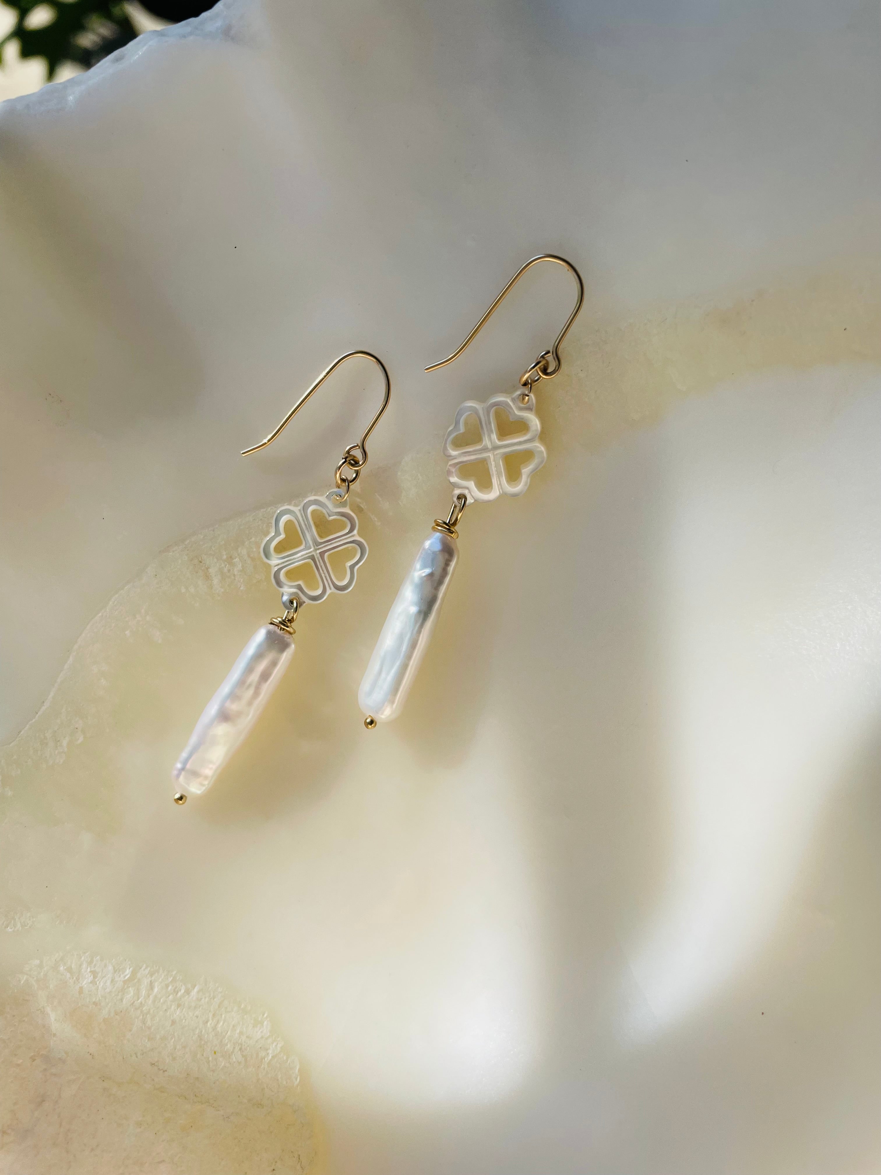 Coastal Collection • Carved Mother of Pearl Shell & Japanese Biwa Pearl Drop Earrings