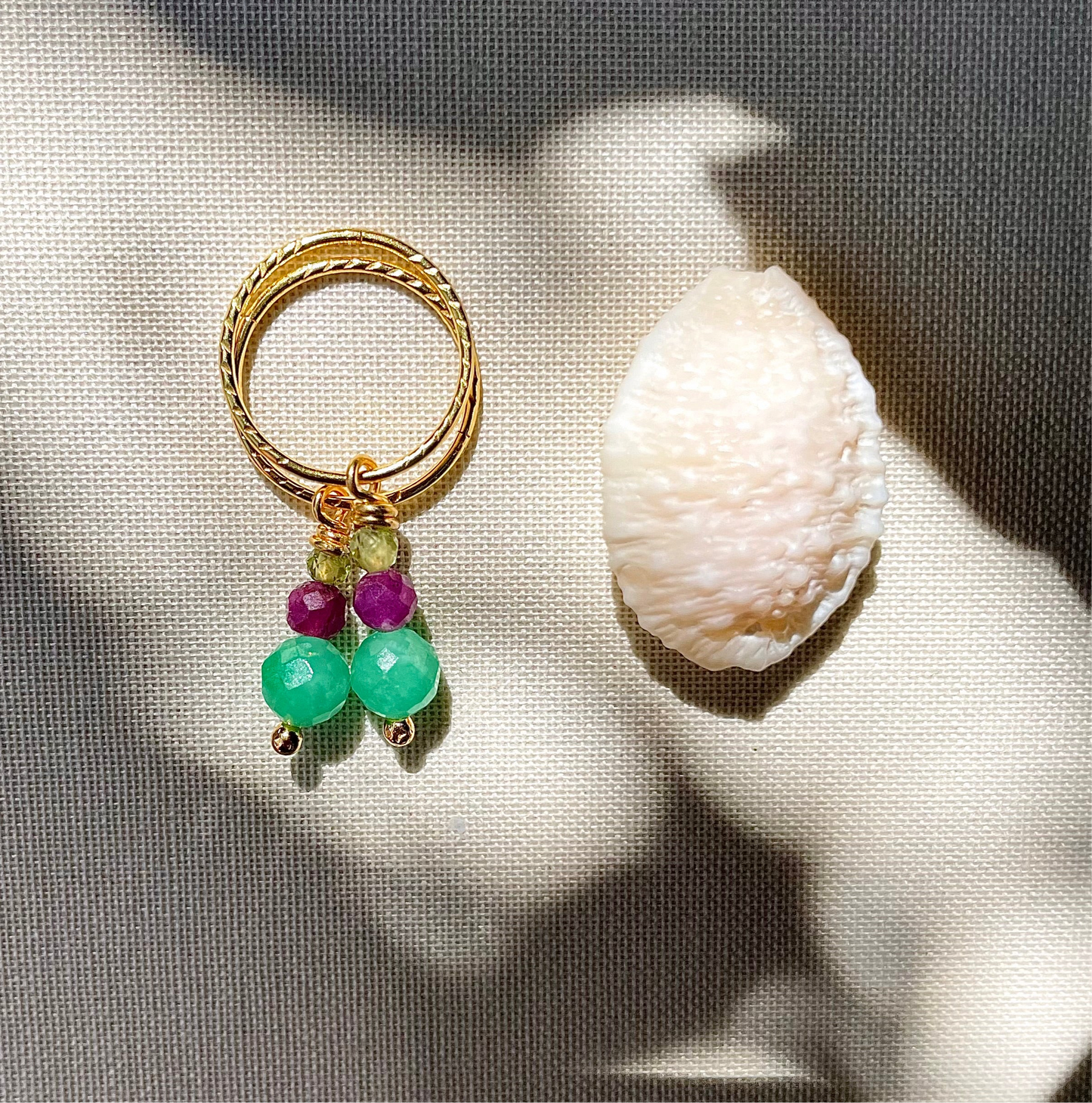 Dahlia Collection • Ruby + Peridot + Jade charms + vermeil hoops.