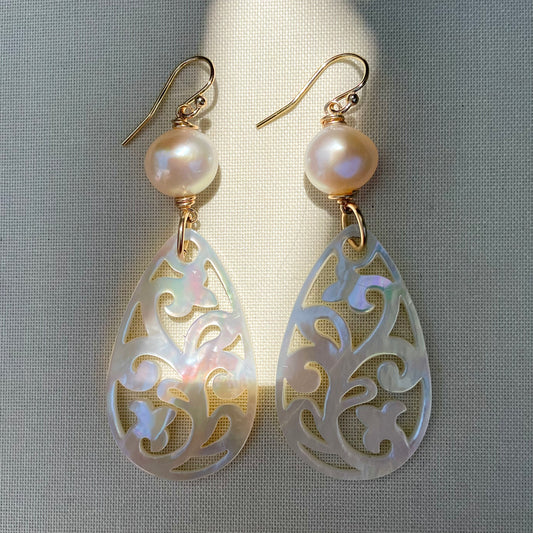 Coastal Collection • Filigree Mother of Pearl Shell & Baroque Pearl Drops