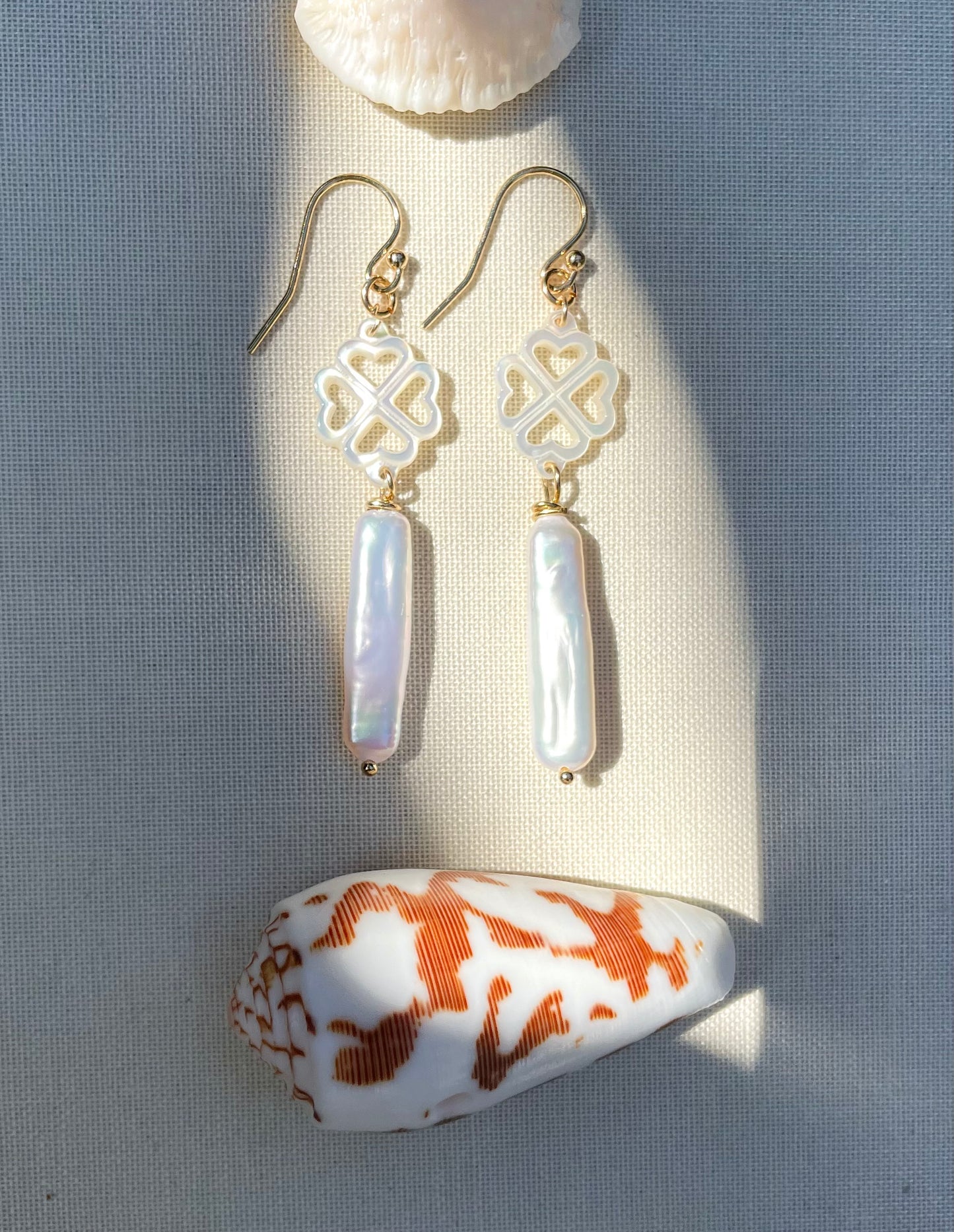 Coastal Collection • Carved Mother of Pearl Shell & Japanese Biwa Pearl Drop Earrings