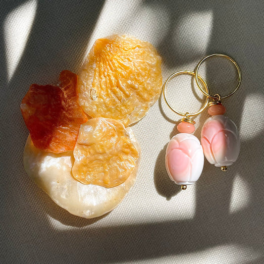 Coastal Collection • Hand carved pink shell + Coral on Vermeil Hoops.