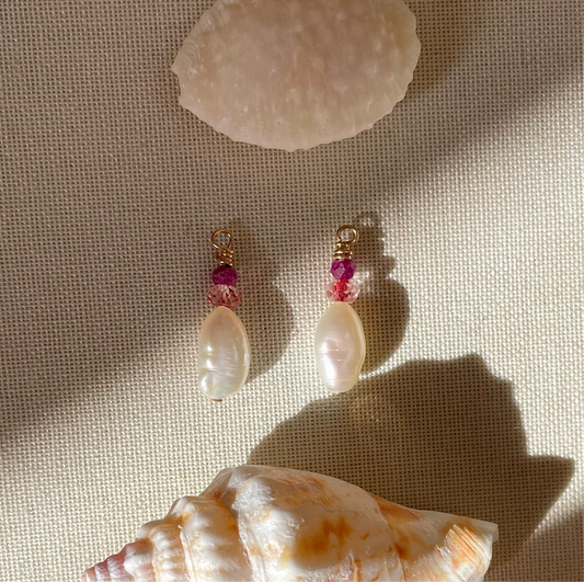 Dahlia Collection • Ruby, Pink Topaz, Baroque Pearl Charms.