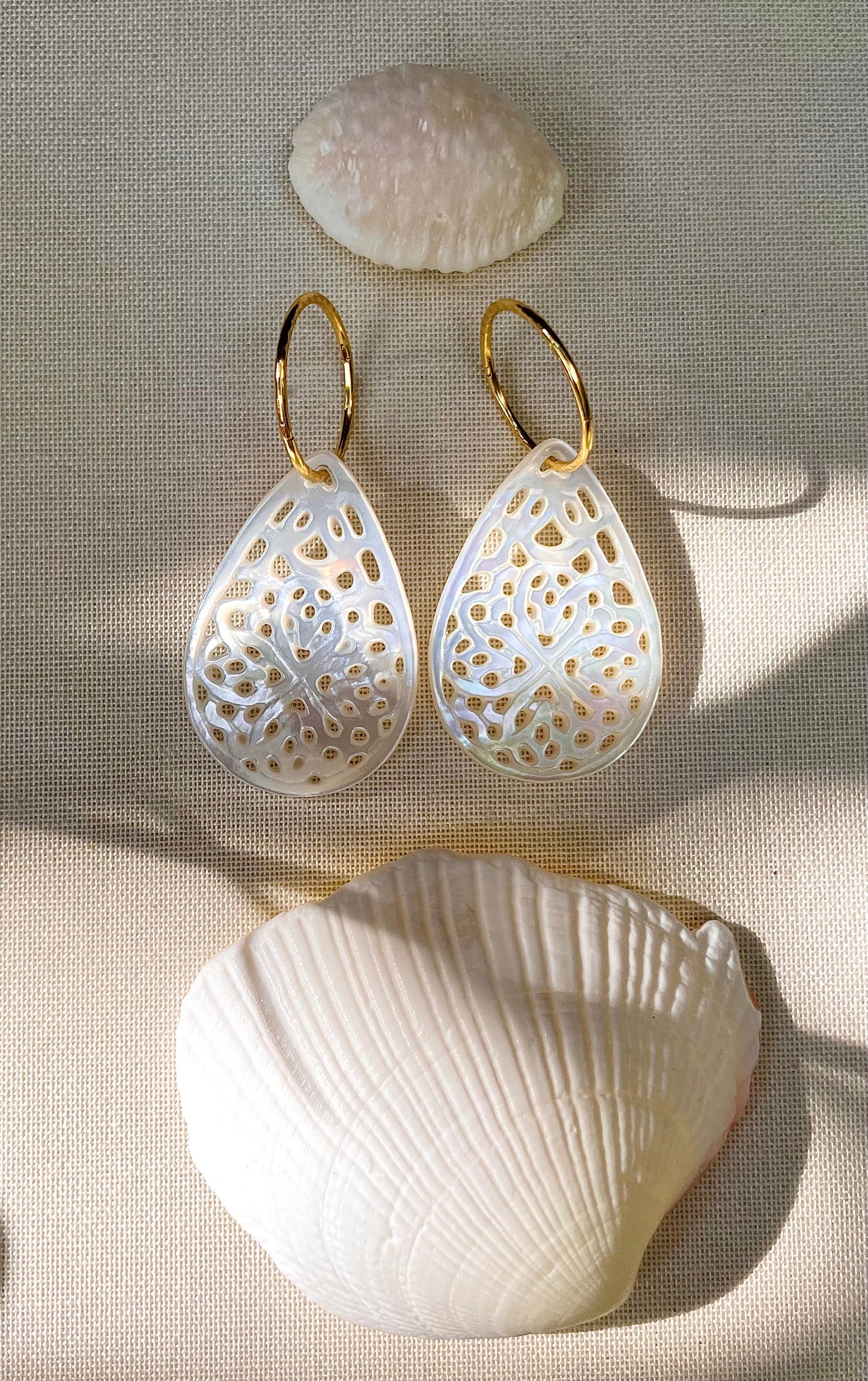 Coastal Collection • Mother of Pearl Filigree Shell + Vermeil Hoops.