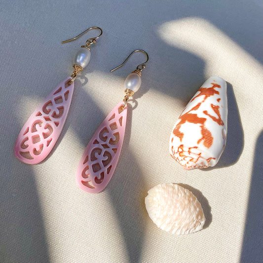 Coastal Collection • Rose Pink Carved Filigree Shell & Pearl Drops