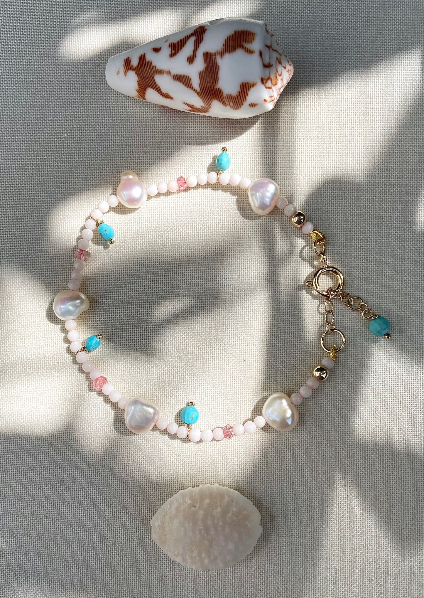 Siren Collection • Turquoise, Baroque Pearl, Pink Topaz & Coral Bracelet.