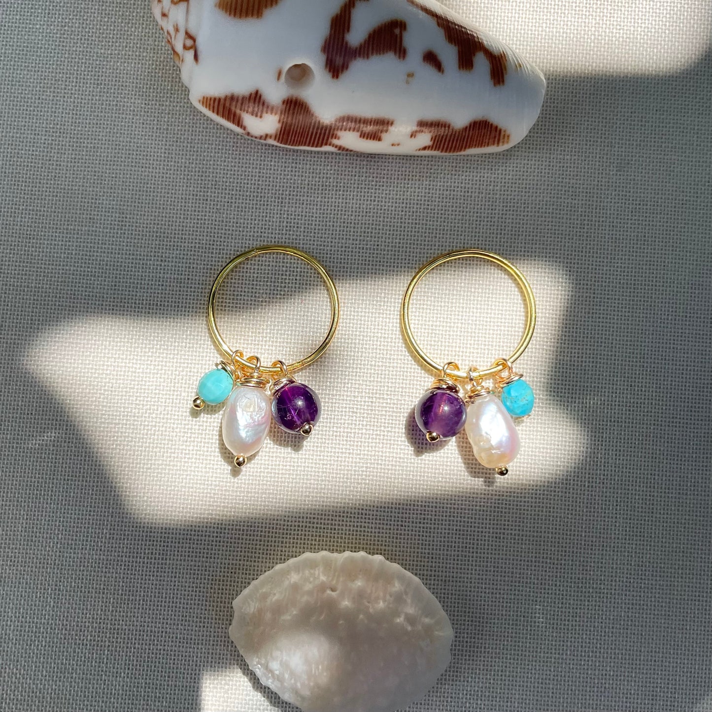 Charm Collection • Amethyst, Turquoise, Baroque Pearl Tassel Charms + Vermeil hoops.