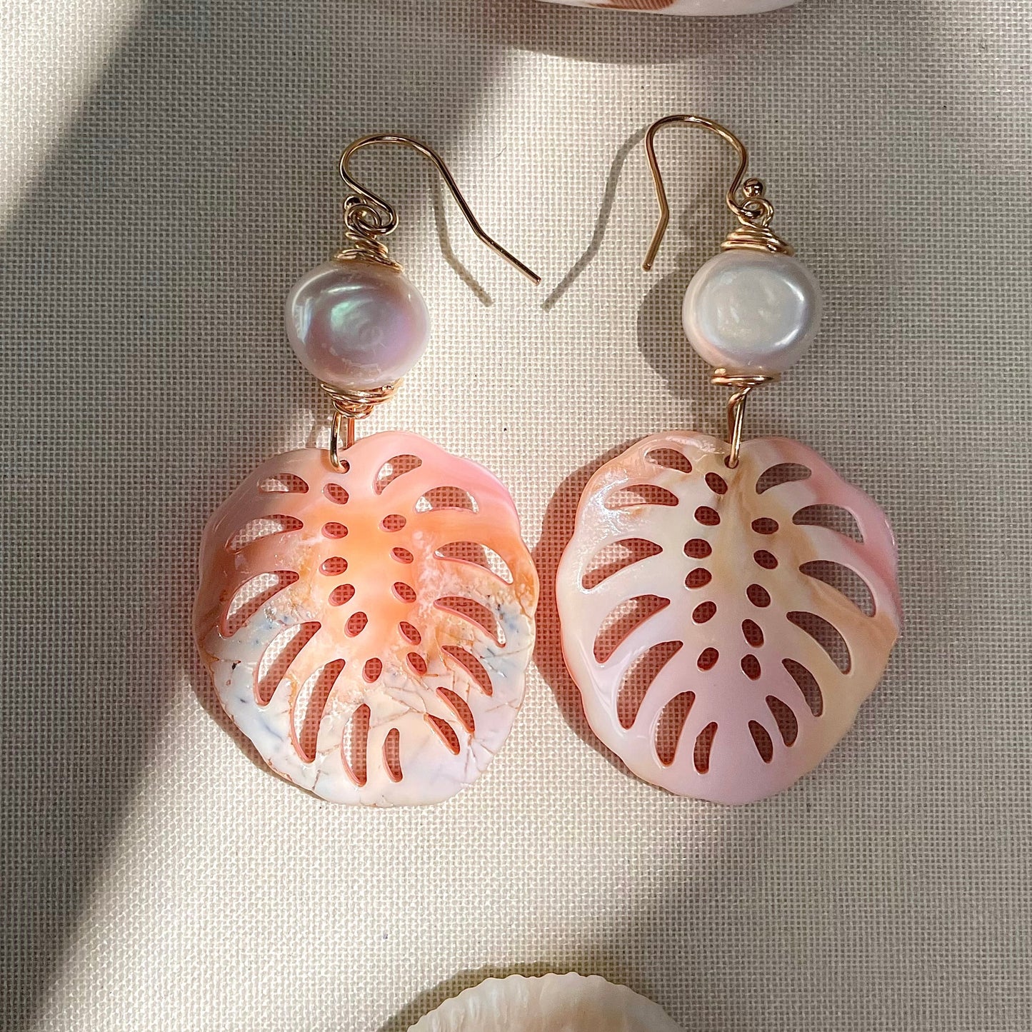 Coastal Collection • Carved Shell & Freshwater Pearl Drop Earrings