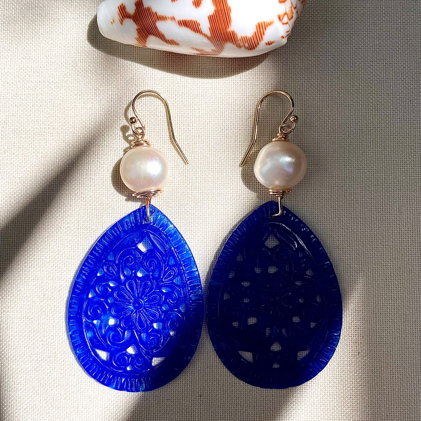 Coastal Collection • Carved Lapis Blue Quartz & Freshwater Pearl Drop Earrings