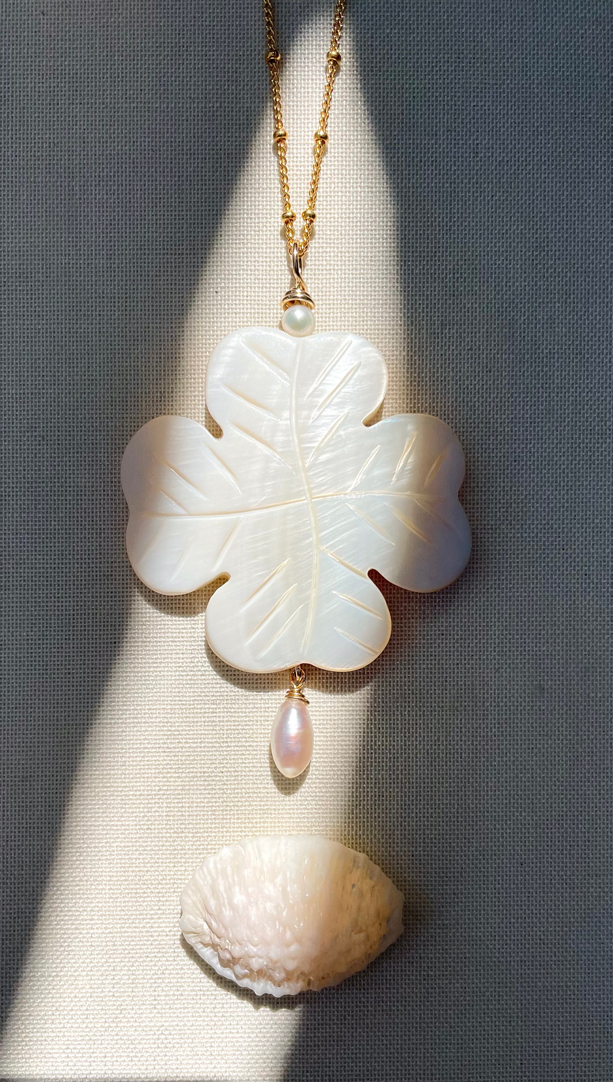 Coastal Collection • Hand-Carved Shell & Pearl Carmela Pendant.