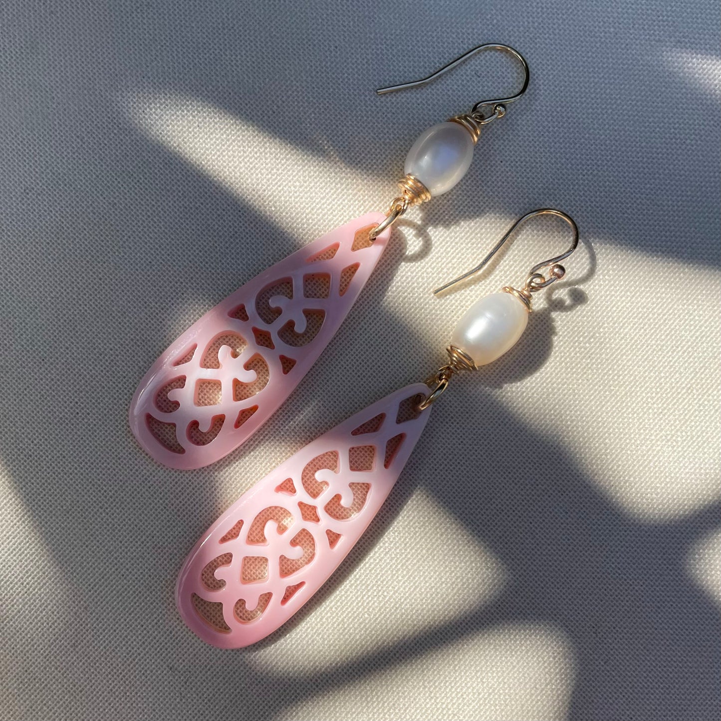 Coastal Collection • Rose Pink Carved Filigree Shell & Pearl Drops