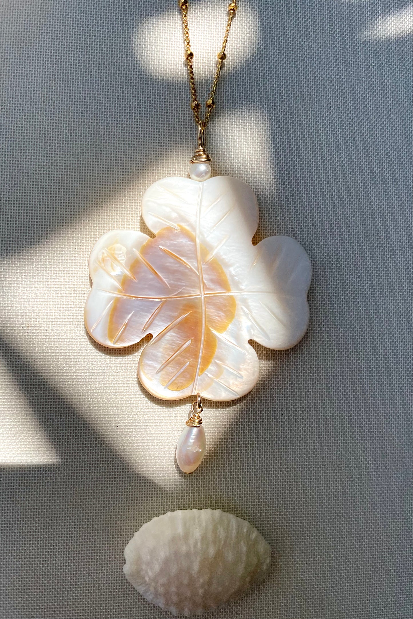 Coastal Collection • Hand-Carved Shell & Pearl Carmela Pendant.