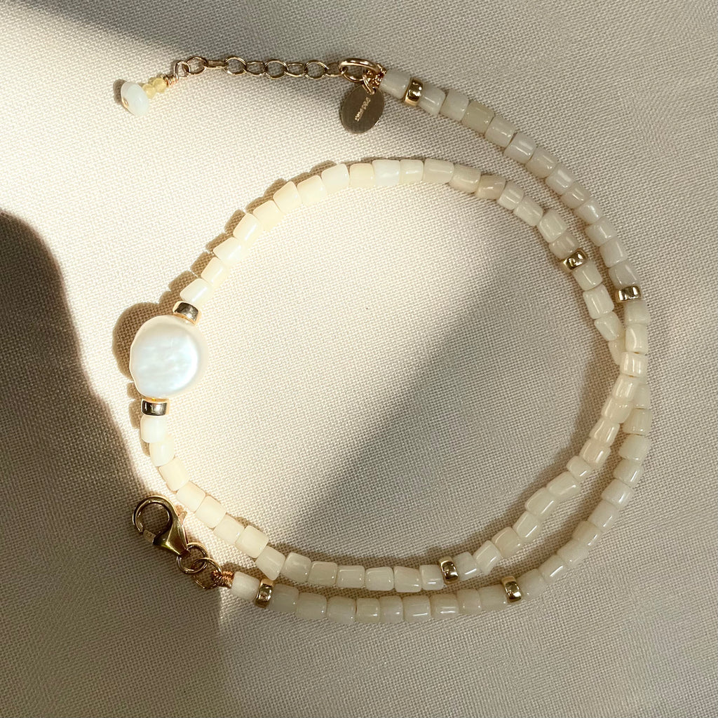 Coastal Collection • Baroque Pearl & Coral double wrap bracelet.