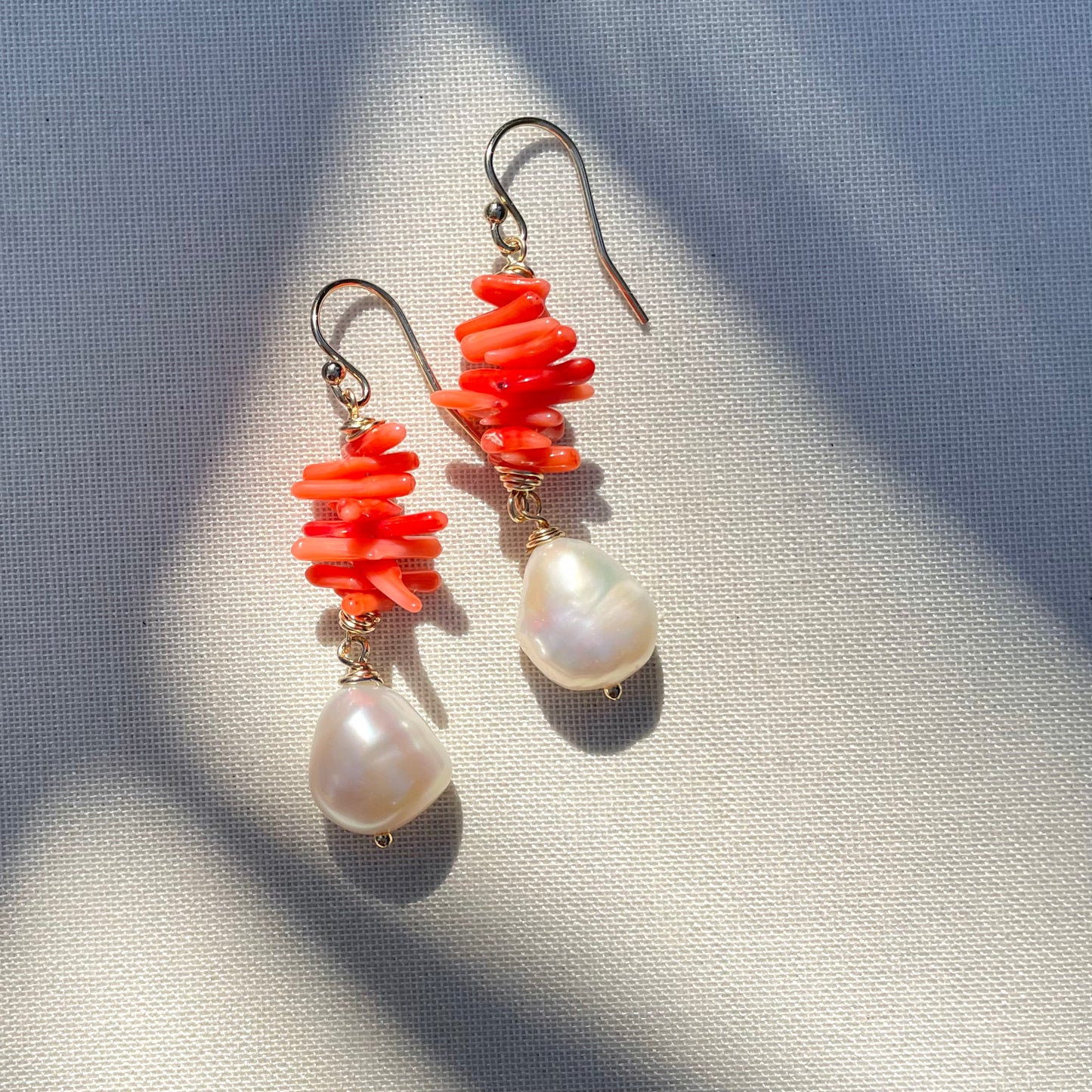 Coastal Collection • Large Coral & Baroque Pearl Twist Earrings.