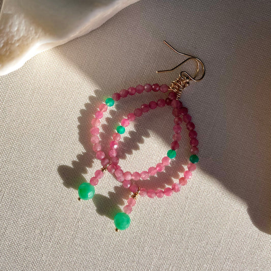 Siren Collection • Pink Tourmaline, Jade & Agate Drop Earrings.