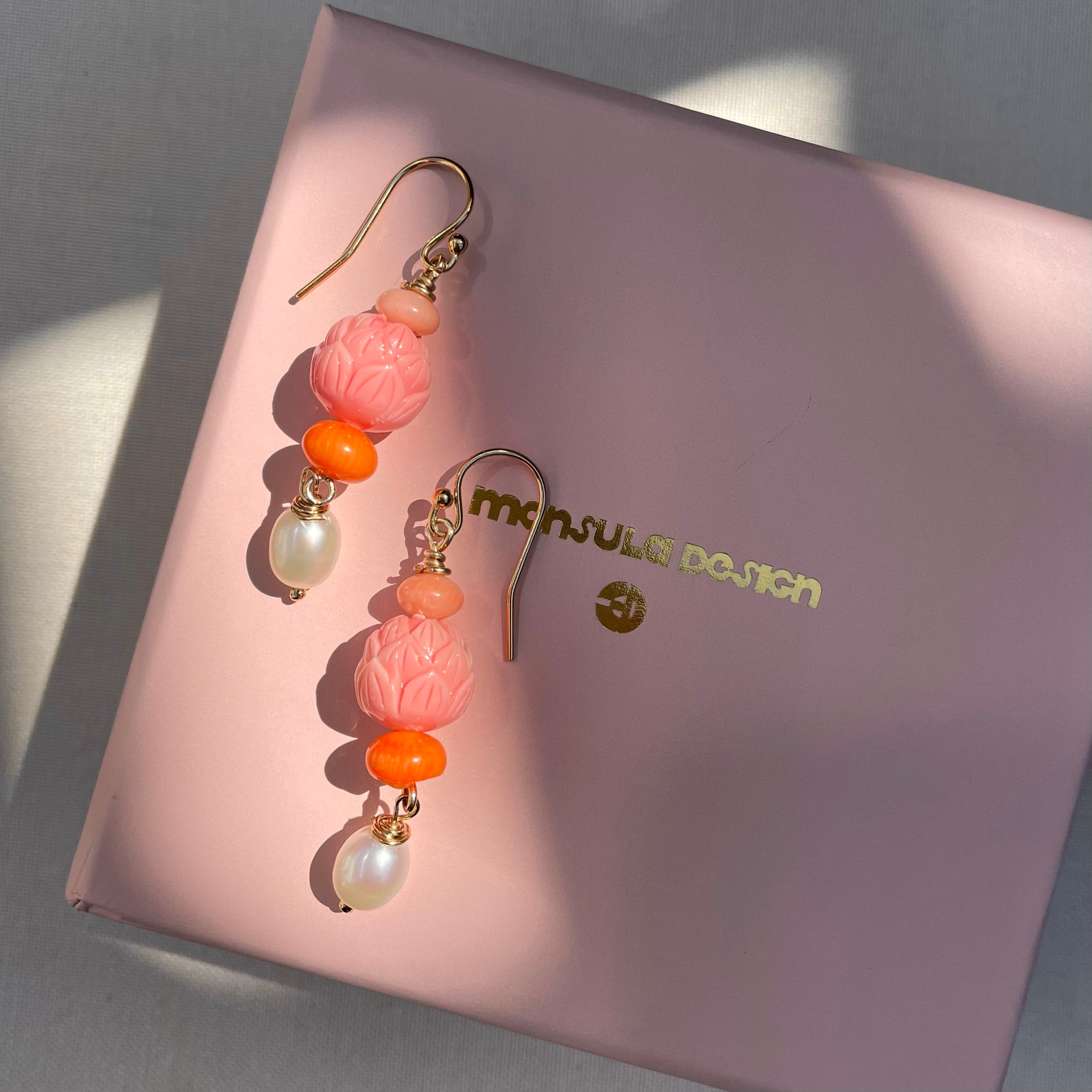 Coastal Collection • Carved Shell, Coral & Pearl Drop Earrings.