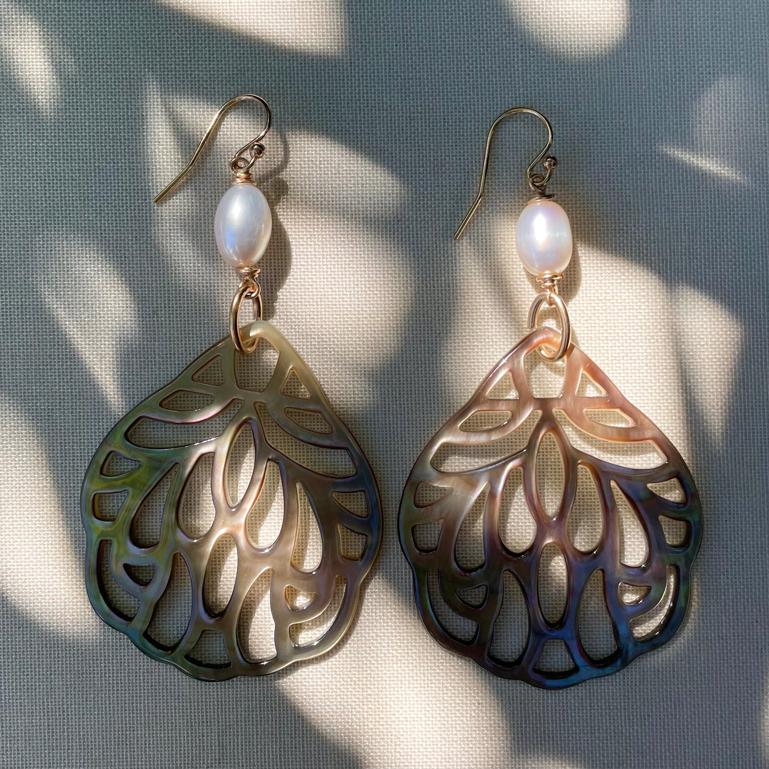 Coastal Collection • Large Filigree ‘Toffee’ Mother of Pearl Shell & Pearl drops