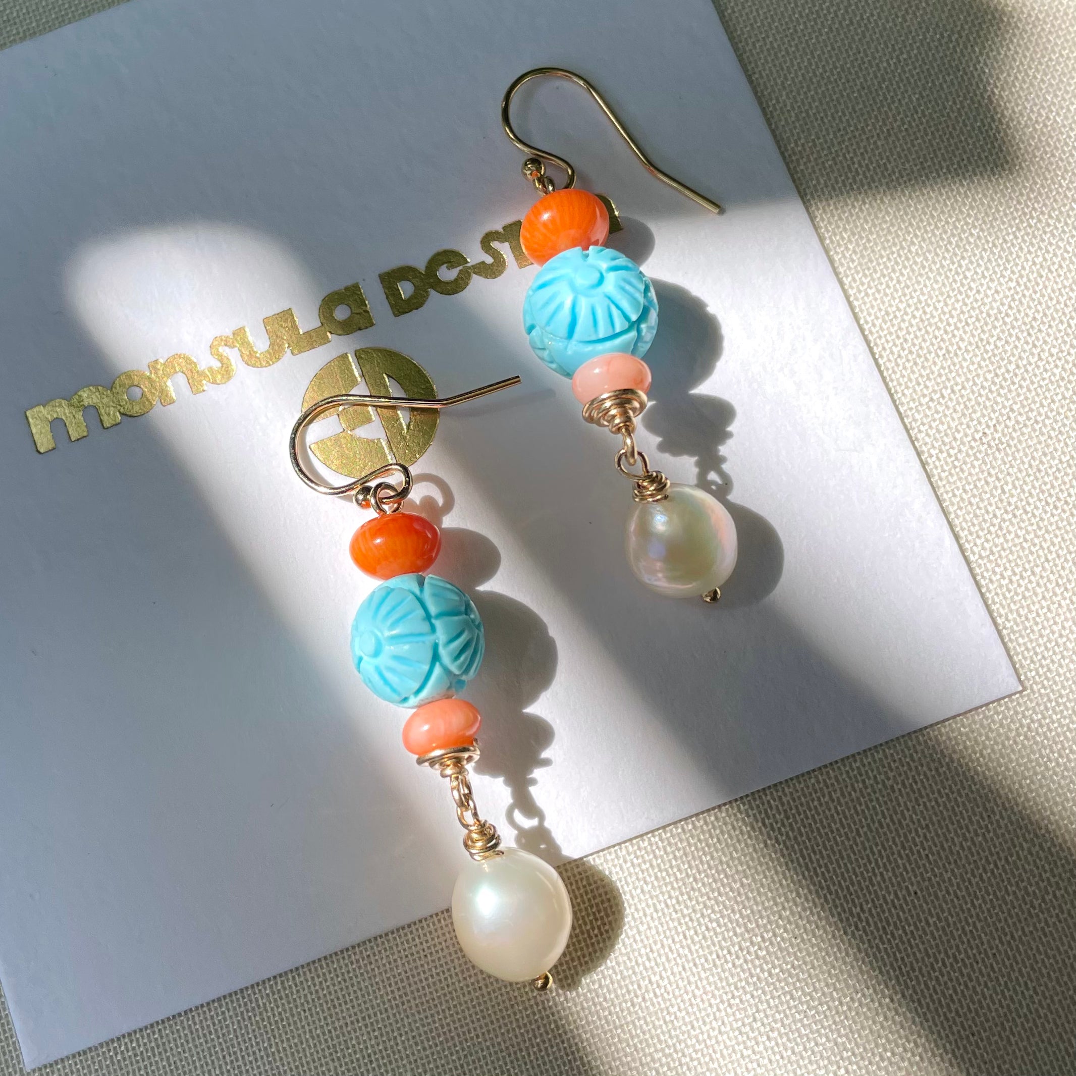 Coastal Collection • Carved Blue Howlite, Coral & Pearl Drop Earrings.